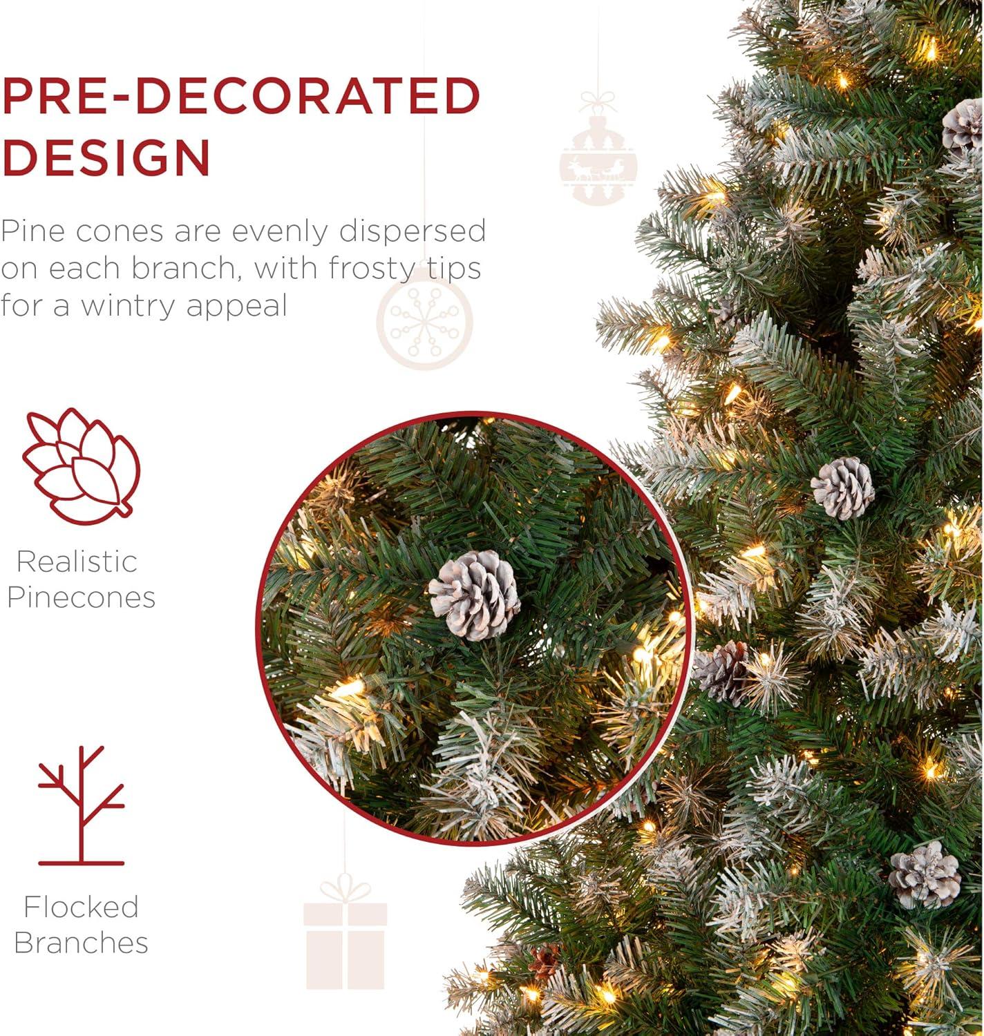 imageBest Choice Products 6ft PreLit PreDecorated Pine Artificial Christmas Tree w 1000 Tips 59 Pinecones 250 Lights Base  GreenFlocked Green