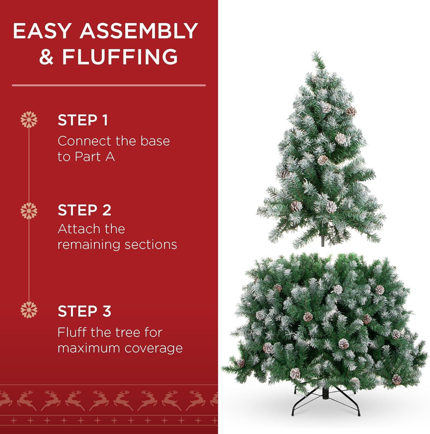 imageBest Choice Products 6ft PreLit PreDecorated Pine Artificial Christmas Tree w 1000 Tips 59 Pinecones 250 Lights Base  GreenFlocked Green