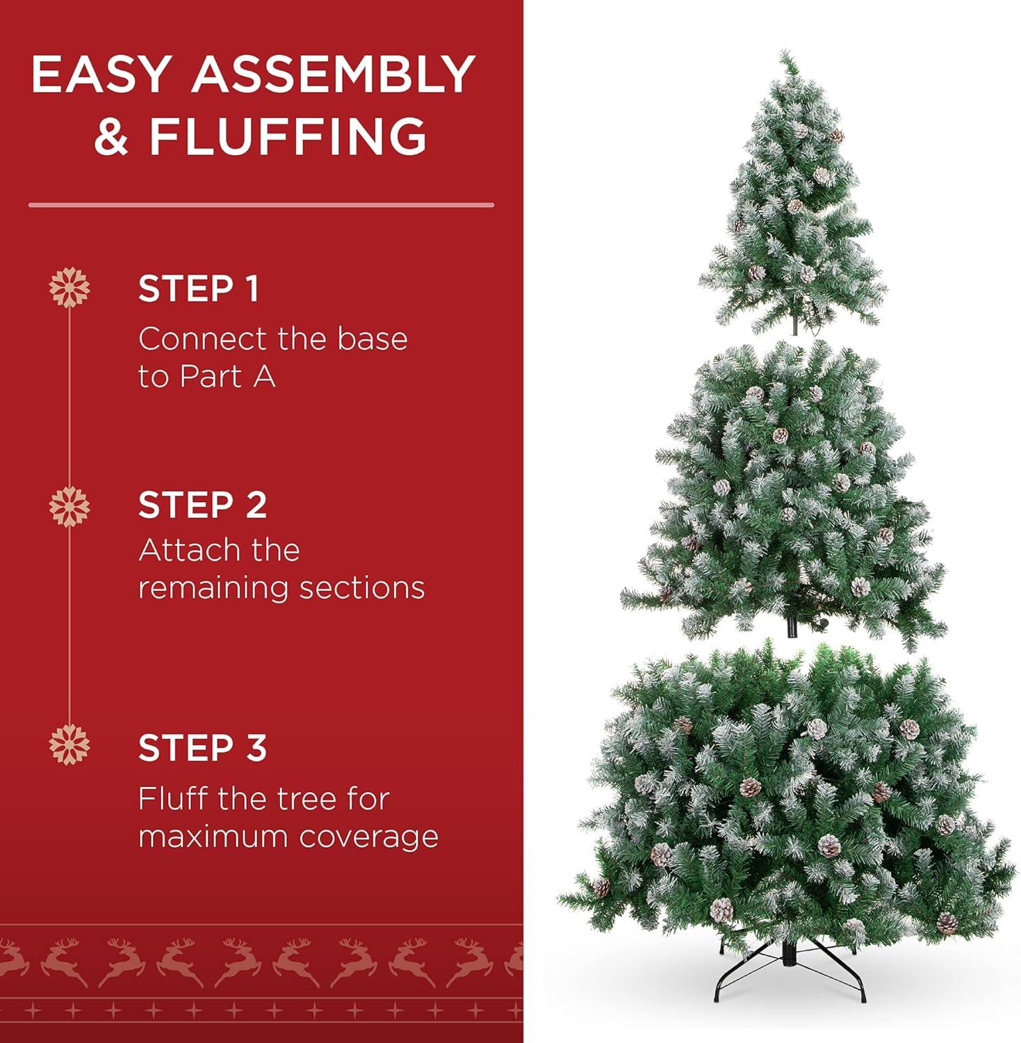 imageBest Choice Products 6ft PreLit PreDecorated Pine Artificial Christmas Tree w 1000 Tips 59 Pinecones 250 Lights Base  GreenFlocked Green