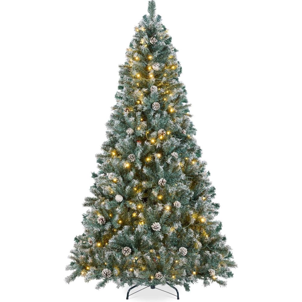 imageBest Choice Products 6ft PreLit PreDecorated Pine Artificial Christmas Tree w 1000 Tips 59 Pinecones 250 Lights Base  GreenFlocked Blue Spruce