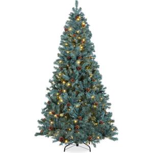 imageBest Choice Products 6ft PreLit PreDecorated Pine Artificial Christmas Tree w 1000 Tips 59 Pinecones 250 Lights Base  GreenBlue Spruce