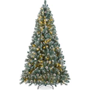 imageBest Choice Products 6ft PreLit PreDecorated Pine Artificial Christmas Tree w 1000 Tips 59 Pinecones 250 Lights Base  GreenFlocked Blue Spruce