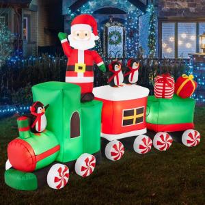 imageBest Choice Products 85 x 5ft Lighted Inflatable Christmas Train ampamp Animated Santa Large Outdoor Holiday Decor wLED Lights Penguins Candy Cane Wheels Gifts