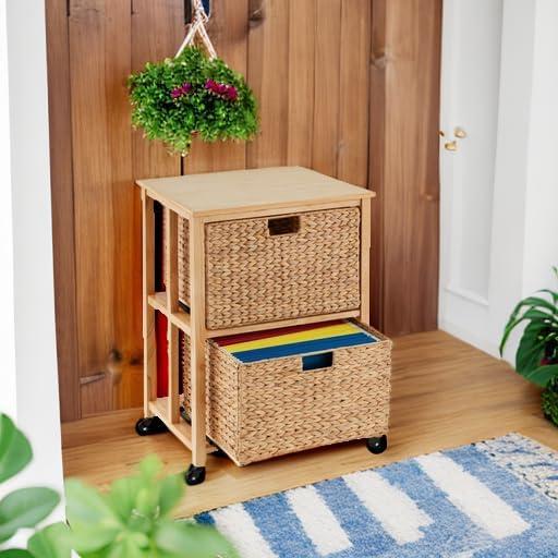 imageBest Choice Products Vertical Rolling File Cabinet Multipurpose Portable Water Hyacinth Basket Organizer for Home Office Workspace wRubberwood Frame Metal Sliders Locking Caster Wheels  MochaNatural