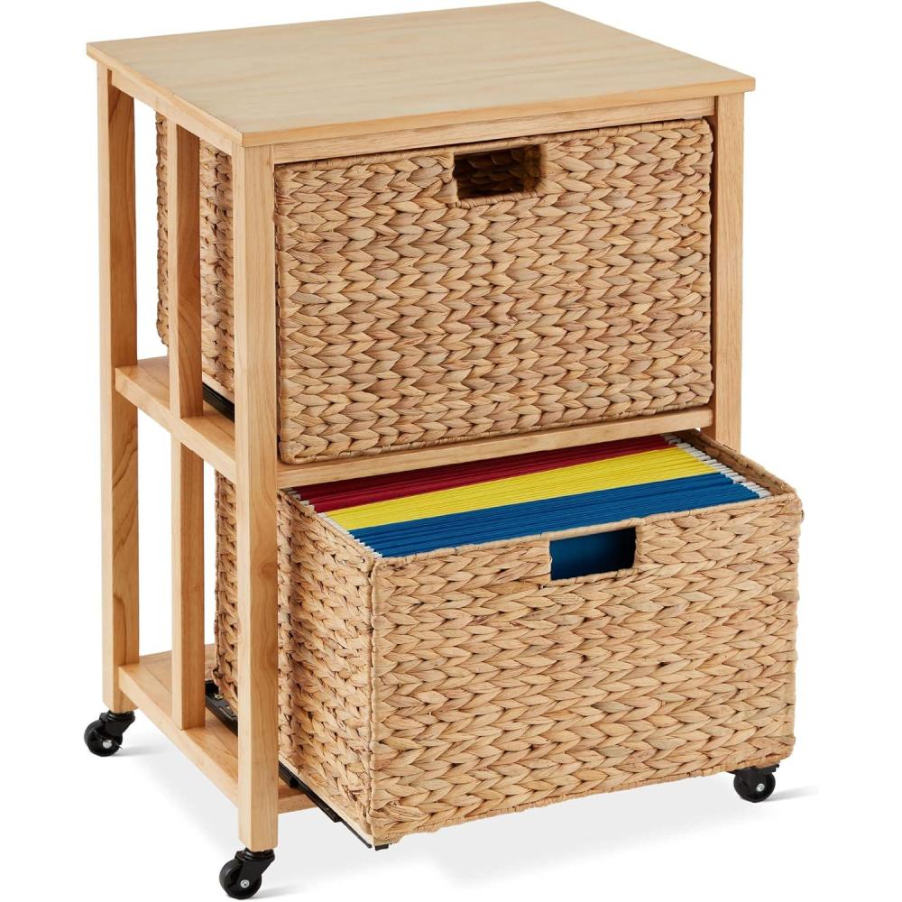 imageBest Choice Products Vertical Rolling File Cabinet Multipurpose Portable Water Hyacinth Basket Organizer for Home Office Workspace wRubberwood Frame Metal Sliders Locking Caster Wheels  MochaNatural