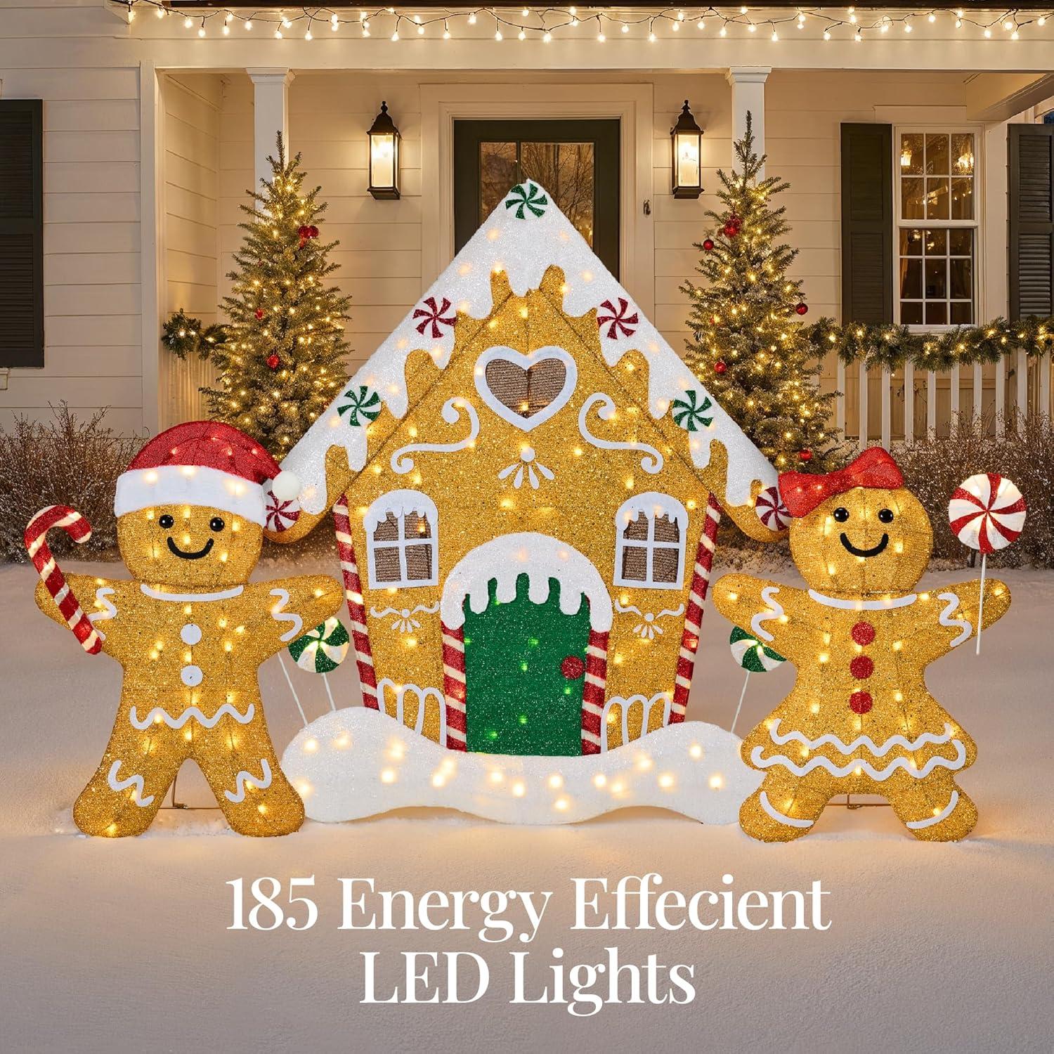 imageBest Choice Products 2D Gingerbread Family 4ft Christmas Yard Dcor Set 3Piece Light Up Outdoor Holiday Lawn Decoration wHouse Man 185 LED Lights