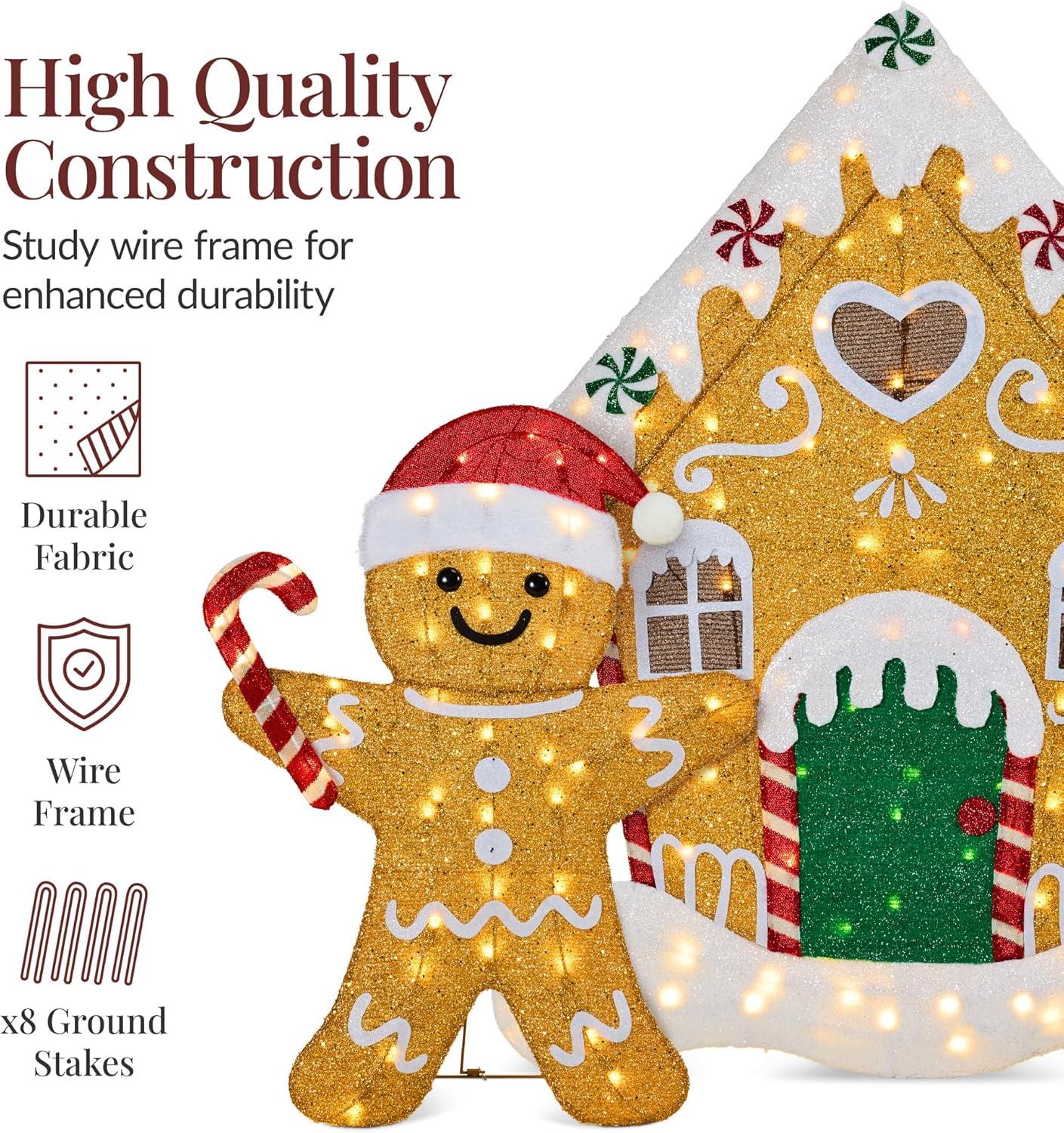 imageBest Choice Products 2D Gingerbread Family 4ft Christmas Yard Dcor Set 3Piece Light Up Outdoor Holiday Lawn Decoration wHouse Man 185 LED Lights