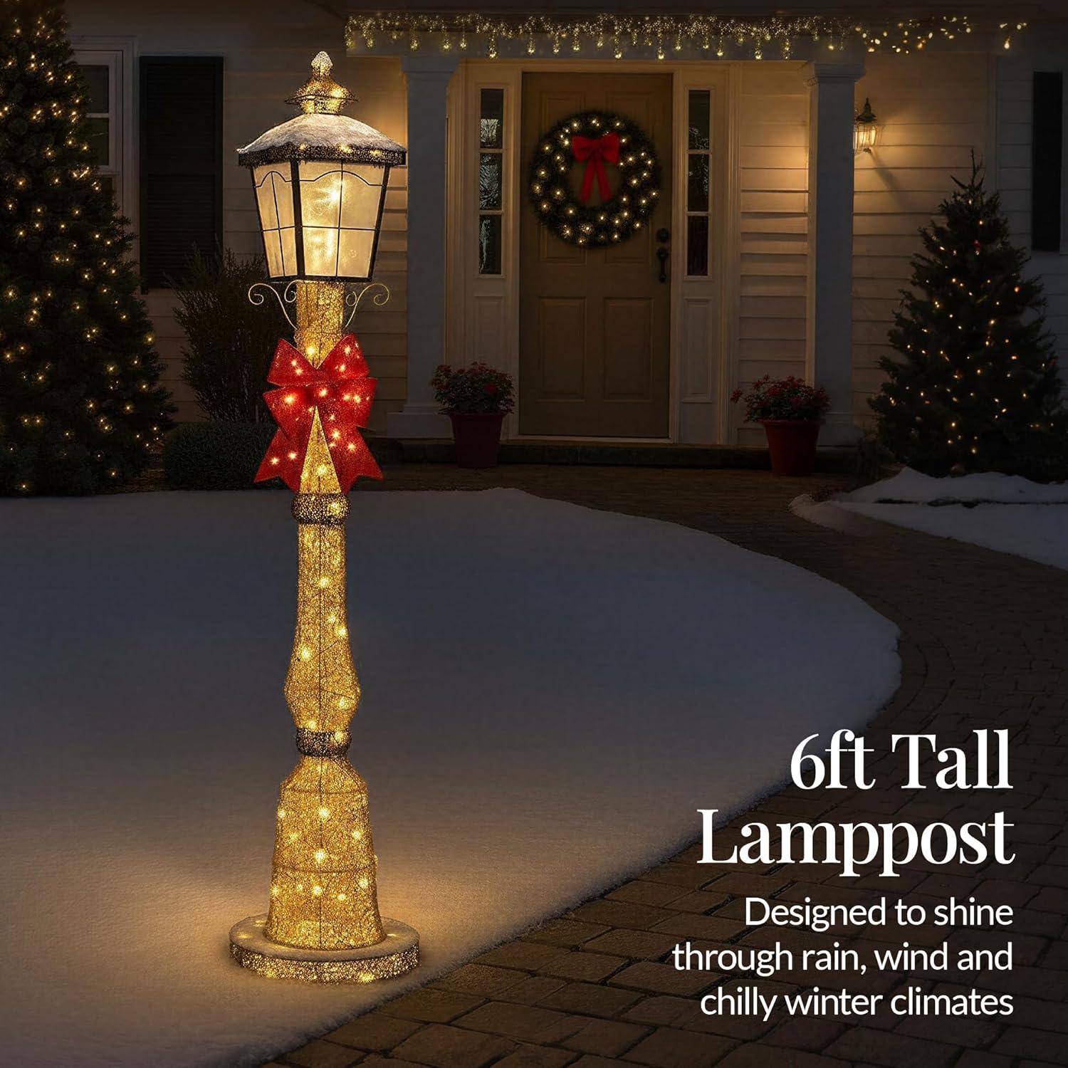 imageBest Choice Products Large Outdoor Christmas Lamppost Decoration 6ft Tall with Lighted Bow 100 LED Lights Holiday Porch Lamp Post Decor Gold