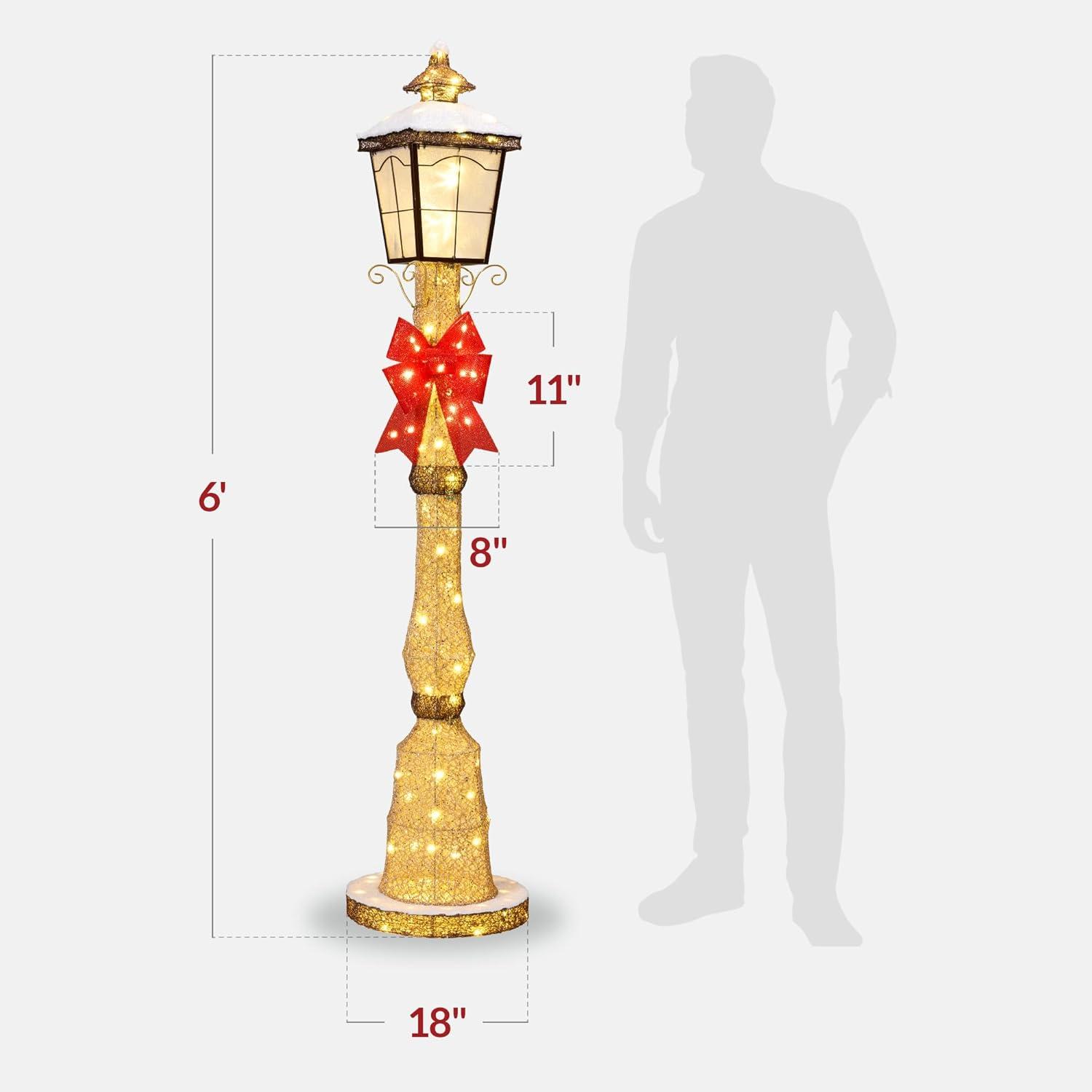 imageBest Choice Products Large Outdoor Christmas Lamppost Decoration 6ft Tall with Lighted Bow 100 LED Lights Holiday Porch Lamp Post Decor Gold