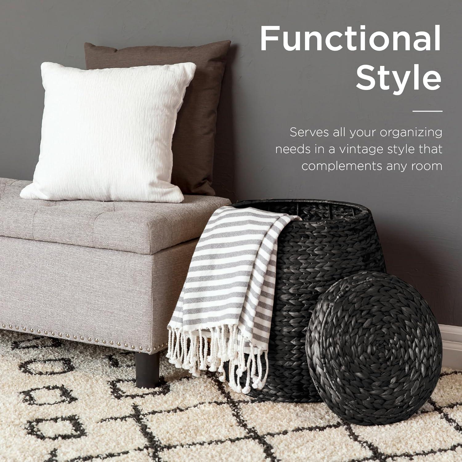 imageBest Choice Products Scalloped Multipurpose Hyacinth Storage Basket Plant Dcor Handwoven Organizer Tote for Bedroom Living Room Nursey wLid  Natural with White TrimBlack