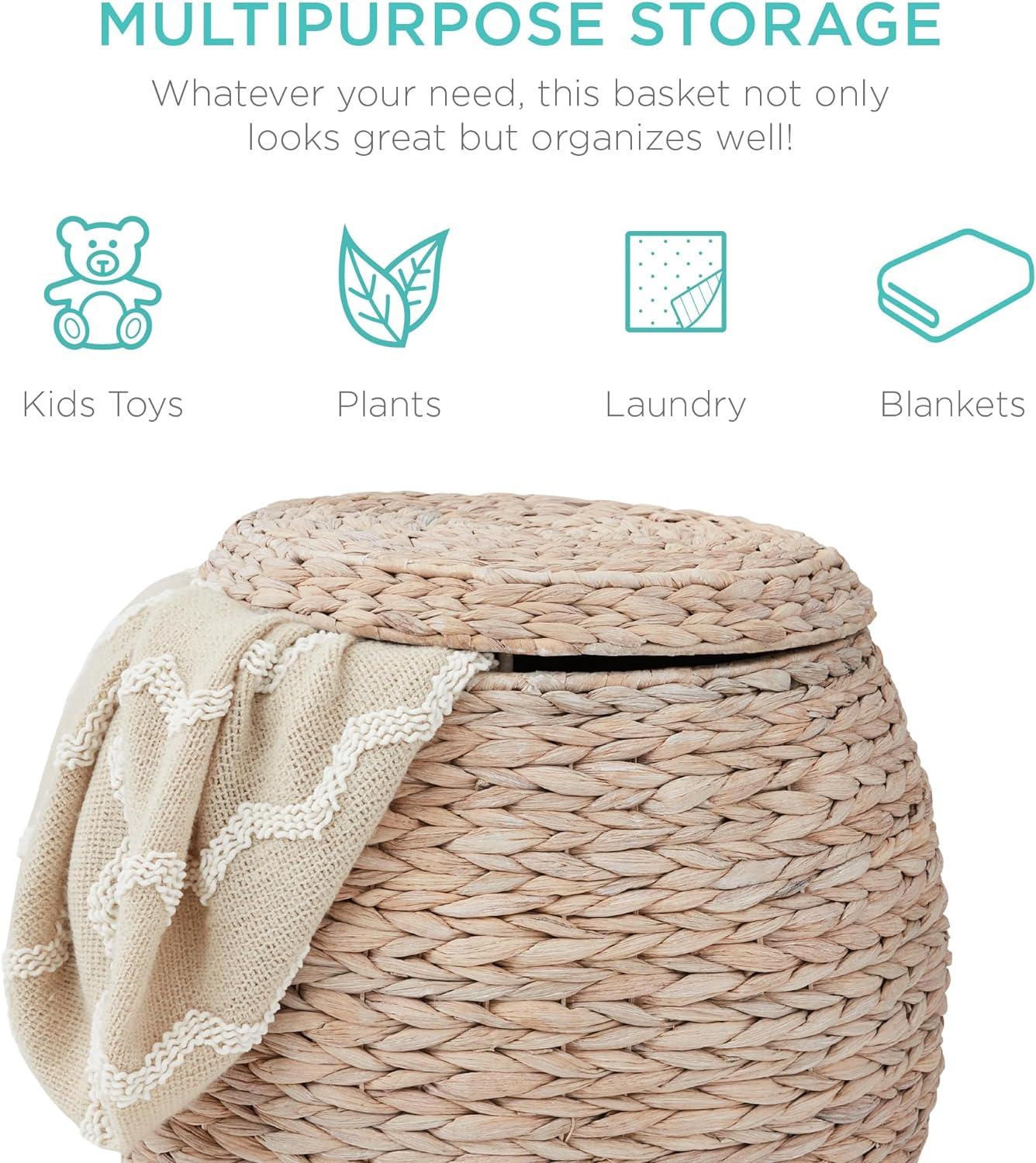 imageBest Choice Products Scalloped Multipurpose Hyacinth Storage Basket Plant Dcor Handwoven Organizer Tote for Bedroom Living Room Nursey wLid  Natural with White TrimWhitewash