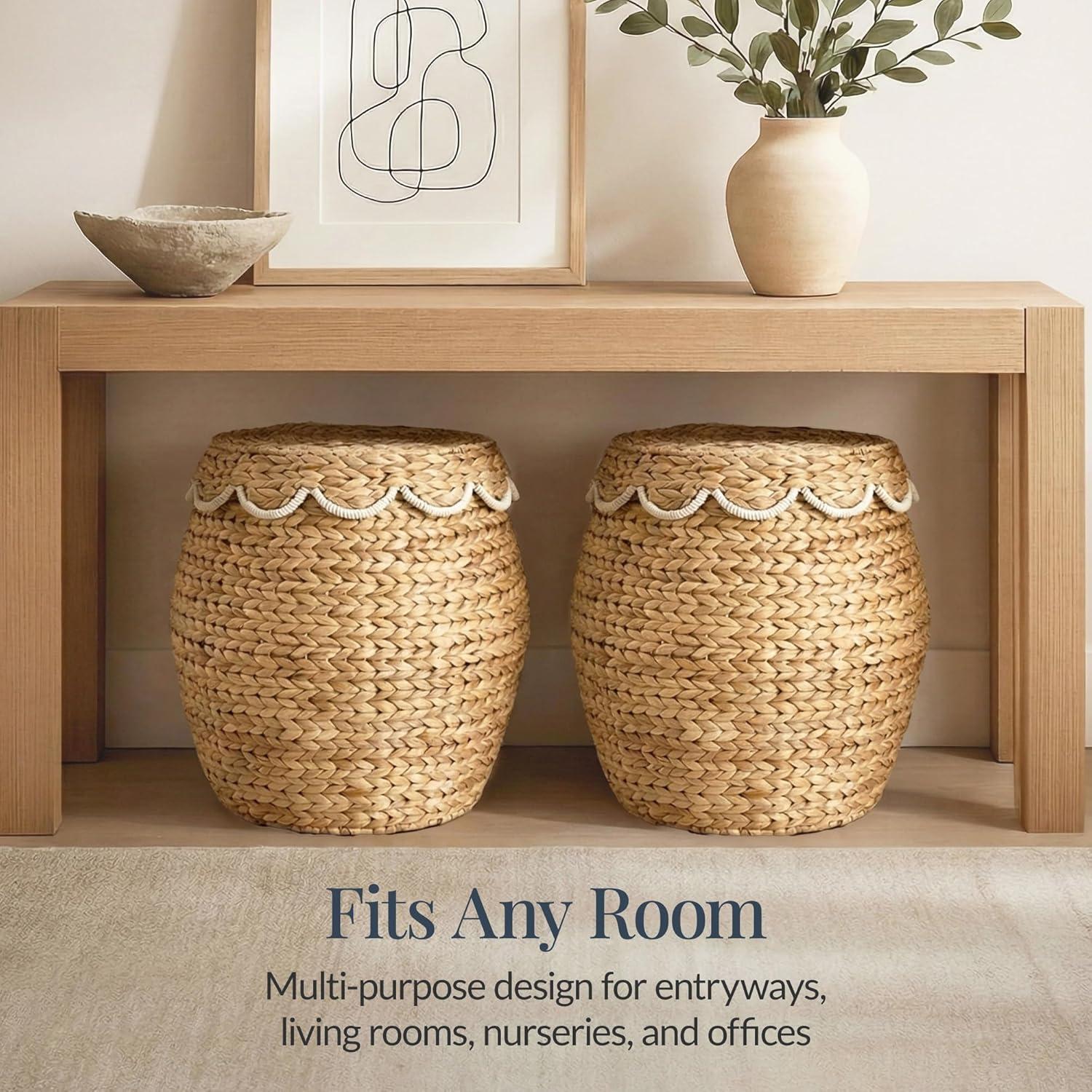 imageBest Choice Products Scalloped Multipurpose Hyacinth Storage Basket Plant Dcor Handwoven Organizer Tote for Bedroom Living Room Nursey wLid  Natural with White TrimScallop  NaturalWhite