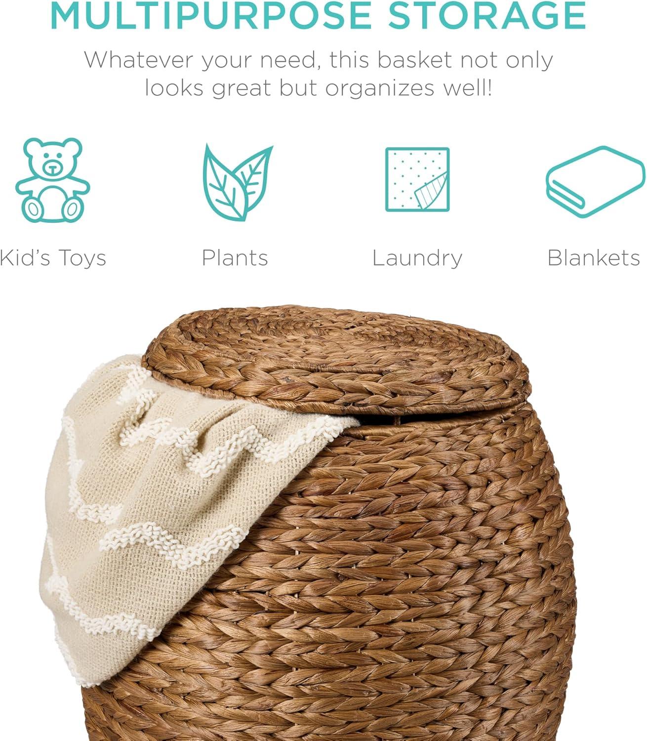 imageBest Choice Products Scalloped Multipurpose Hyacinth Storage Basket Plant Dcor Handwoven Organizer Tote for Bedroom Living Room Nursey wLid  Natural with White TrimChestnut