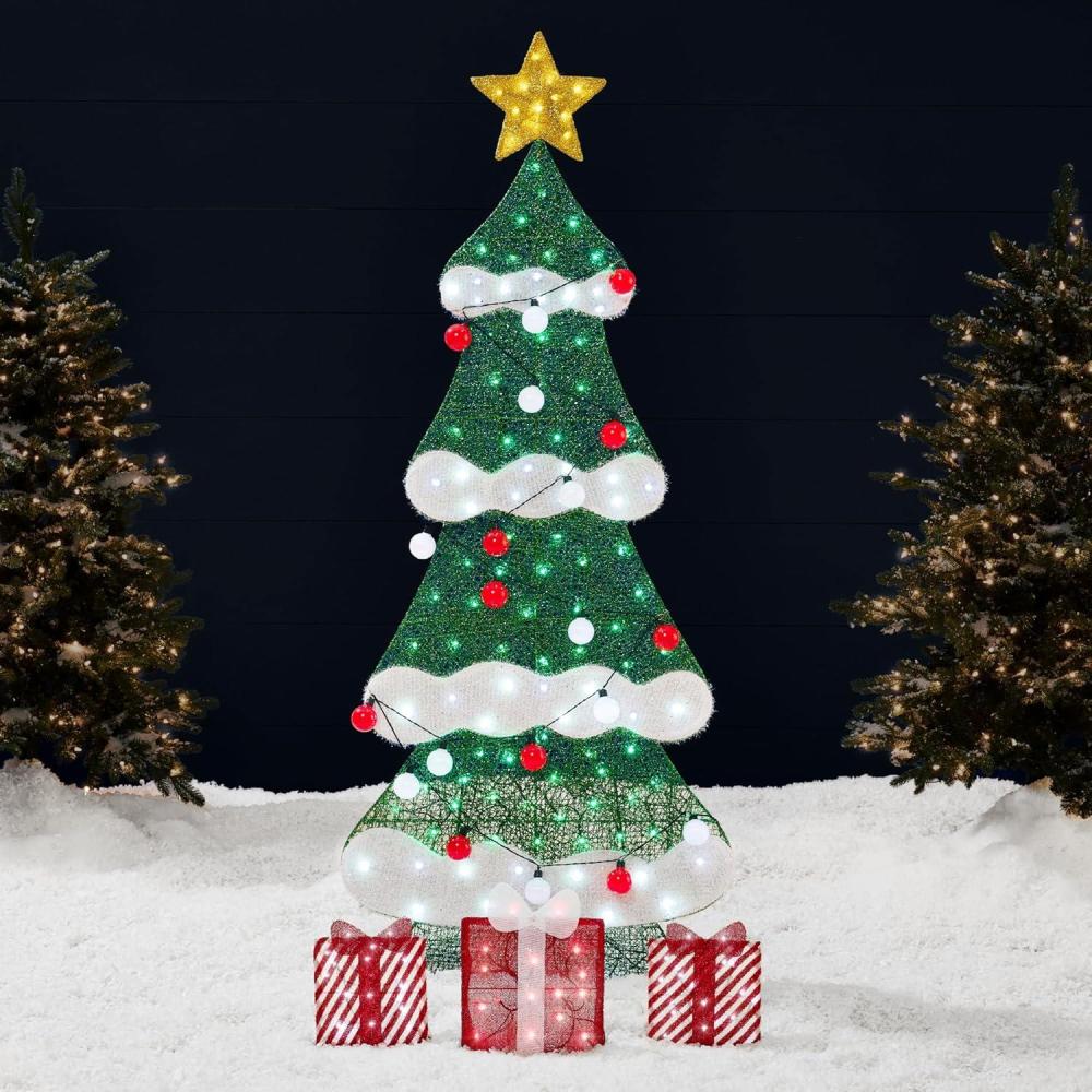 imageBest Choice Products 6ft Lighted 2D Christmas Tree Outdoor Dcor Large Holiday Yard Decoration w 170 Twinkling LED Lights Storage Bag  RedRedWhite