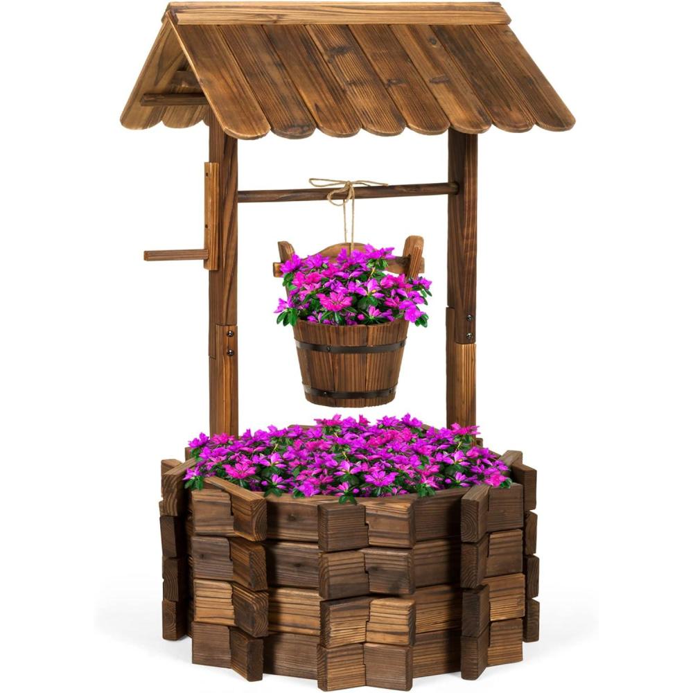 imageBest Choice Products Rustic Wooden Wishing Well Planter Outdoor Home Dcor for Patio Garden Yard wHanging Bucket