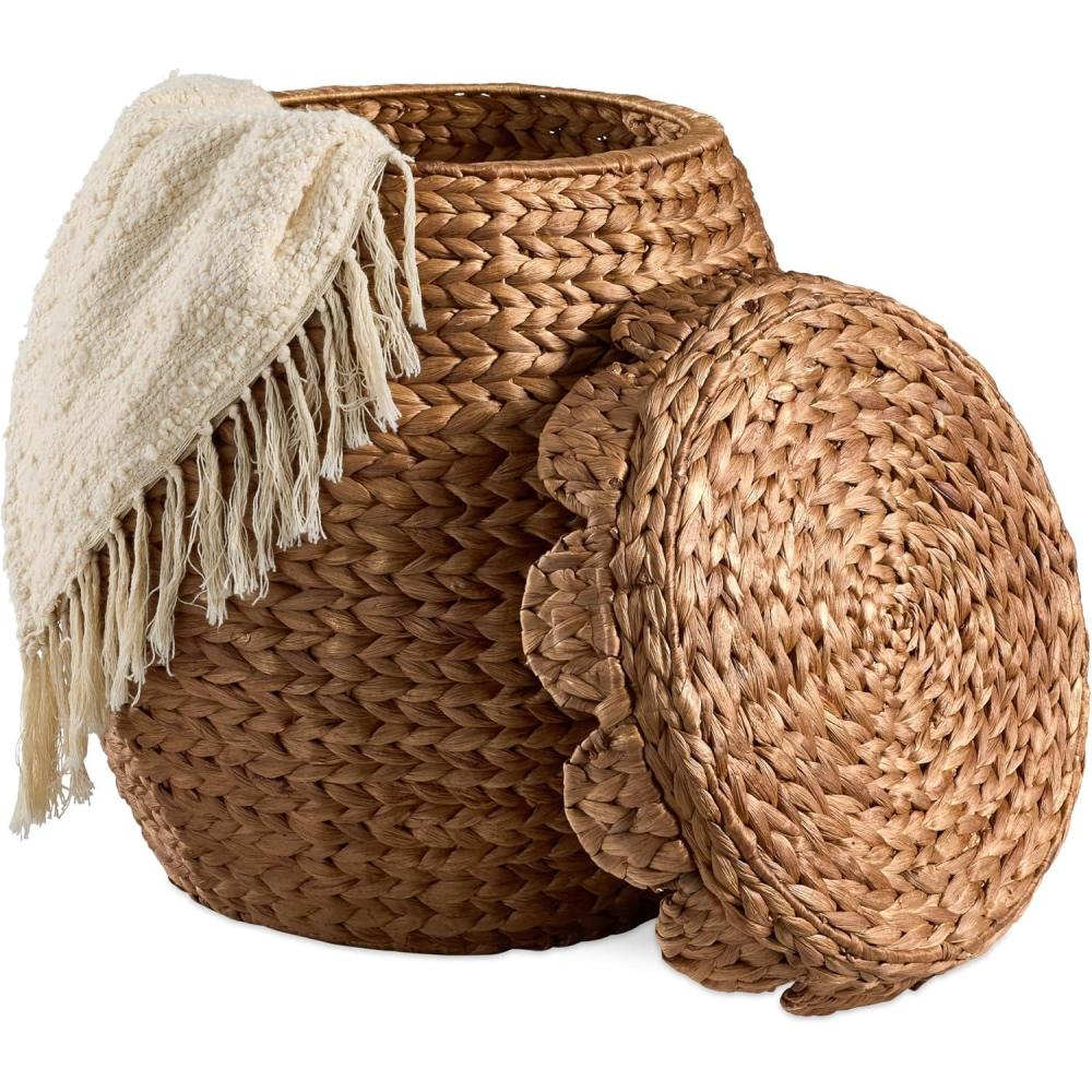 imageBest Choice Products Scalloped Multipurpose Hyacinth Storage Basket Plant Dcor Handwoven Organizer Tote for Bedroom Living Room Nursey wLid  Natural with White TrimScallop  Chestnut