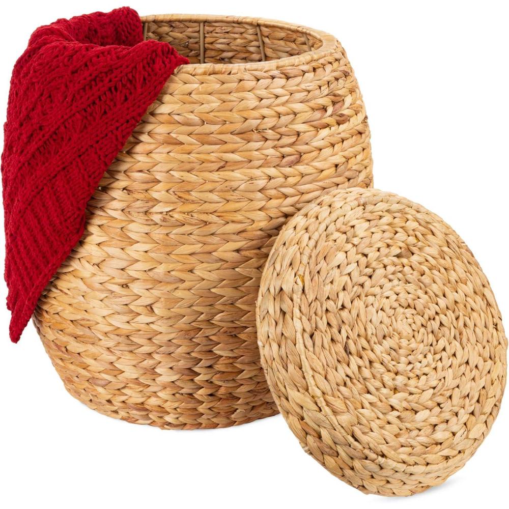 imageBest Choice Products Scalloped Multipurpose Hyacinth Storage Basket Plant Dcor Handwoven Organizer Tote for Bedroom Living Room Nursey wLid  Natural with White TrimNatural