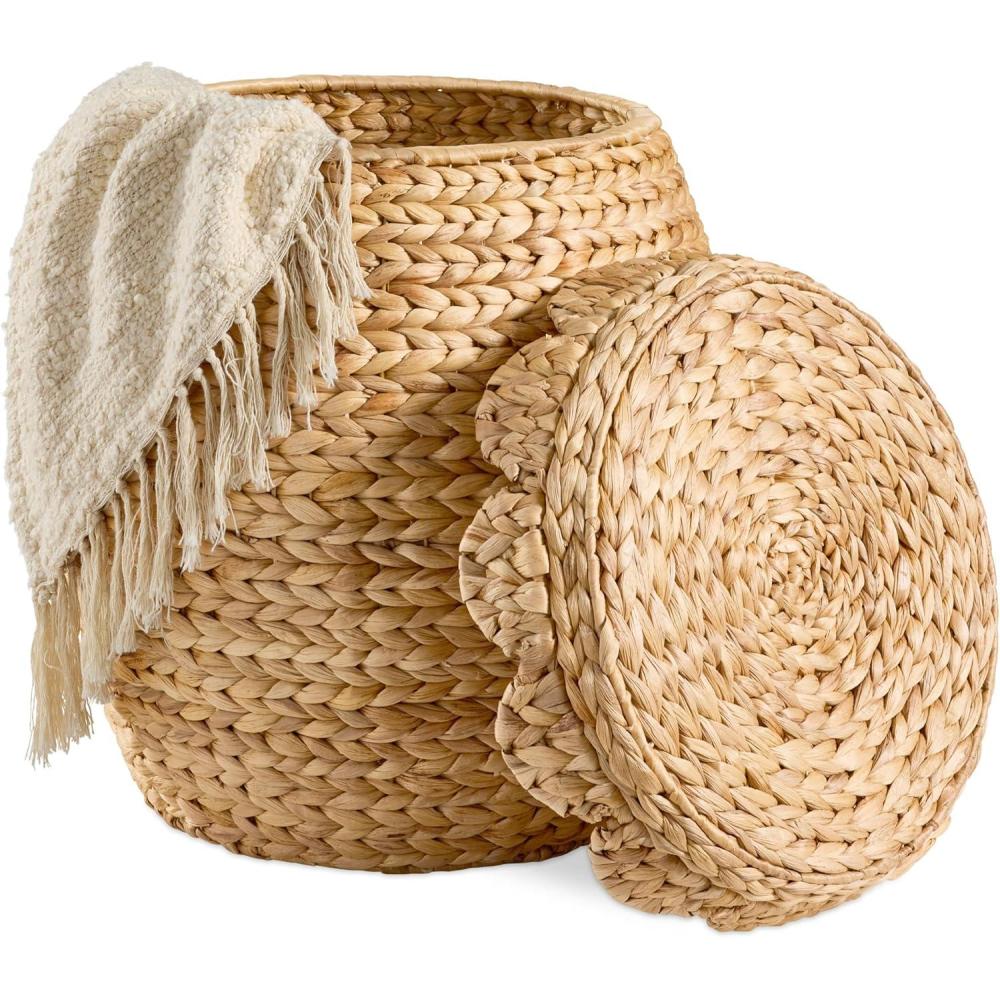 imageBest Choice Products Scalloped Multipurpose Hyacinth Storage Basket Plant Dcor Handwoven Organizer Tote for Bedroom Living Room Nursey wLid  Natural with White TrimScallop  Natural