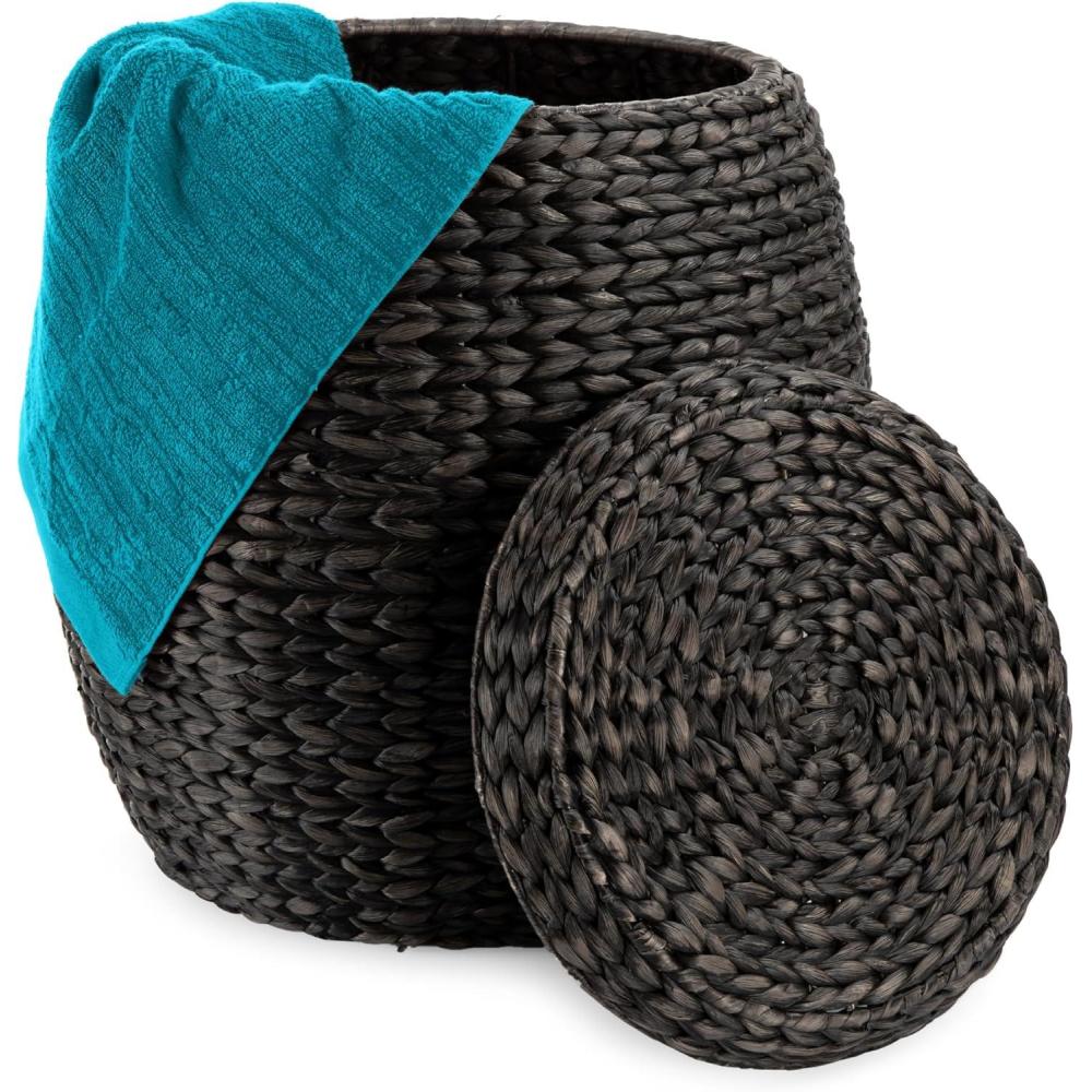 imageBest Choice Products Scalloped Multipurpose Hyacinth Storage Basket Plant Dcor Handwoven Organizer Tote for Bedroom Living Room Nursey wLid  Natural with White TrimBlack