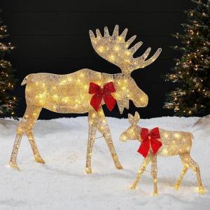 imageBest Choice Products 2D Moose Family Outdoor 2Pc Christmas Yard Dcor 4ft Lighted Yard Set Prelit AllWeather w 125 LEDs Ground Stakes  GoldGold  2Piece