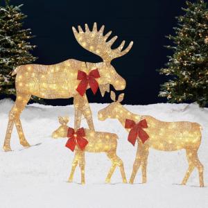 imageBest Choice Products 2D Moose Family Outdoor 2Pc Christmas Yard Dcor 4ft Lighted Yard Set Prelit AllWeather w 125 LEDs Ground Stakes  GoldGold  3Piece