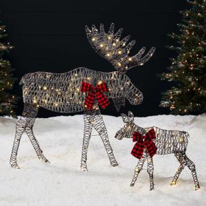 imageBest Choice Products 2D Moose Family Outdoor 2Pc Christmas Yard Dcor 4ft Lighted Yard Set Prelit AllWeather w 125 LEDs Ground Stakes  GoldRattan  2Piece
