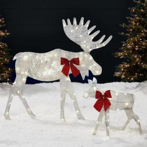 imageBest Choice Products 2D Moose Family Outdoor 2Pc Christmas Yard Dcor 4ft Lighted Yard Set Prelit AllWeather w 125 LEDs Ground Stakes  GoldWhite  2Piece