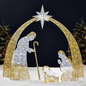 imageBest Choice Products 45ft Lighted 2D Outdoor Nativity Scene Christmas Arch Holy Family Yard Decoration w 115 LED Lights Stakes Zip TiesGold