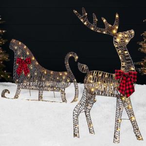 imageBest Choice Products 4ft Lighted 2D Reindeer ampamp Sleigh Set Christmas Holiday Deer ampamp Sled Outdoor Yard Decoration w 140 LED Lights  GoldRattan