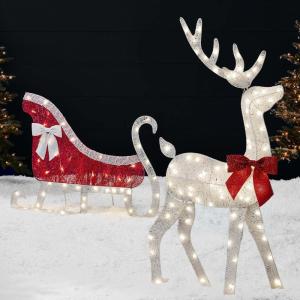 imageBest Choice Products 4ft Lighted 2D Reindeer ampamp Sleigh Set Christmas Holiday Deer ampamp Sled Outdoor Yard Decoration w 140 LED Lights  GoldWhite