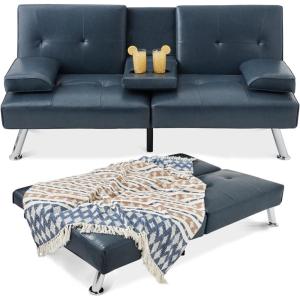 imageBest Choice Products Faux Leather Upholstered Modern Convertible Futon Adjustable Folding Sofa Bed Guest Bed wRemovable Armrests  WhiteBlue