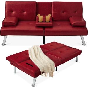 imageBest Choice Products Faux Leather Upholstered Modern Convertible Futon Adjustable Folding Sofa Bed Guest Bed wRemovable Armrests  WhiteBurgundy