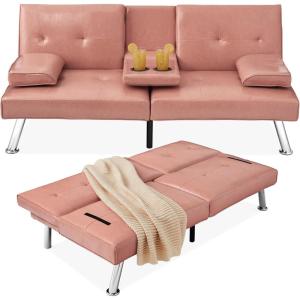 imageBest Choice Products Faux Leather Upholstered Modern Convertible Futon Adjustable Folding Sofa Bed Guest Bed wRemovable Armrests  WhitePink