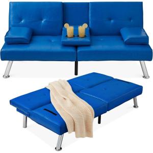 imageBest Choice Products Faux Leather Upholstered Modern Convertible Futon Adjustable Folding Sofa Bed Guest Bed wRemovable Armrests  WhiteRoyal Blue