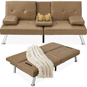 imageBest Choice Products Faux Leather Upholstered Modern Convertible Futon Adjustable Folding Sofa Bed Guest Bed wRemovable Armrests  WhiteTaupe