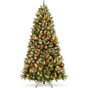 imageBest Choice Products PreLit Christmas Tree 6Ft Frosted PreDecorated Spruce Artificial Holiday Decoration w 250 Twinkling LEDs Pinecones Berries Metal BaseFrosted Green Spruce