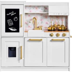 imageBest Choice Products Pretend Play Kitchen for Kids Interactive Wooden Toddler Playset Framed Chalkboard Toy Storage 11 Accessories  PinkWhite