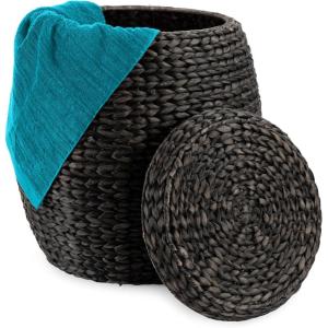 imageBest Choice Products Scalloped Multipurpose Hyacinth Storage Basket Plant Dcor Handwoven Organizer Tote for Bedroom Living Room Nursey wLid  Natural with White TrimBlack