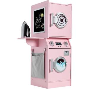 imageBest Choice Products Pretend Play Kids Wooden Stacked Washer ampamp Dryer Set with Toy Laundry Storage SpaceSaving Design with Accessories  PinkPink