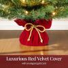 imageBest Choice Products PreLit Decorative Christmas Tree 3ft Artificial Holiday Desktop Accent with Warm White Lights Red Velvet Cover ampamp Gold Braided Rope