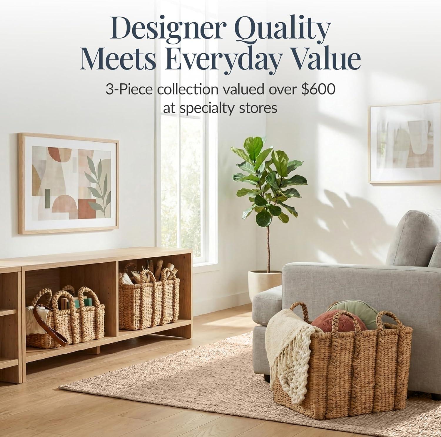 imageBest Choice Products Set of 3 Large Water Hyacinth Handwoven Rectangular Baskets Nesting Decorative Storage Bins wHandles Multipurpose Shelf Basket  NaturalNatural