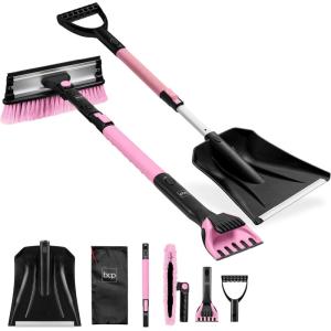 imageBest Choice Products 4 in 1 Snow Brush with Shovel Squeegee ampamp Ice Scraper Up to 39quot Extendable Foam Grip 270 Pivoting Snow Brush for Car Truck SUV Storage Bag Included  LimePink With Shovel