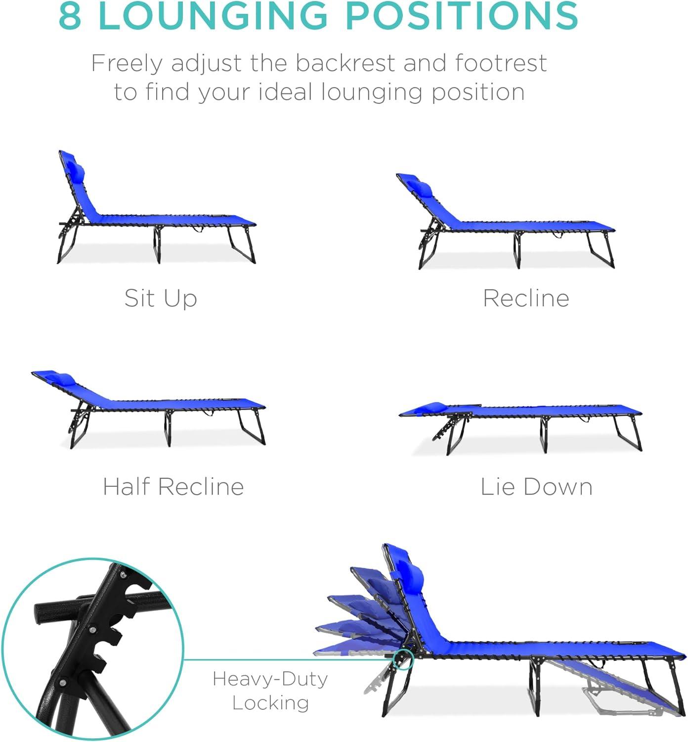 imageBest Choice Products Patio Chaise Lounge Chair Portable Outdoor Folding Recliner for Lawn w 8 Positions Handles 300lb Capacity  BeigeResort Blue