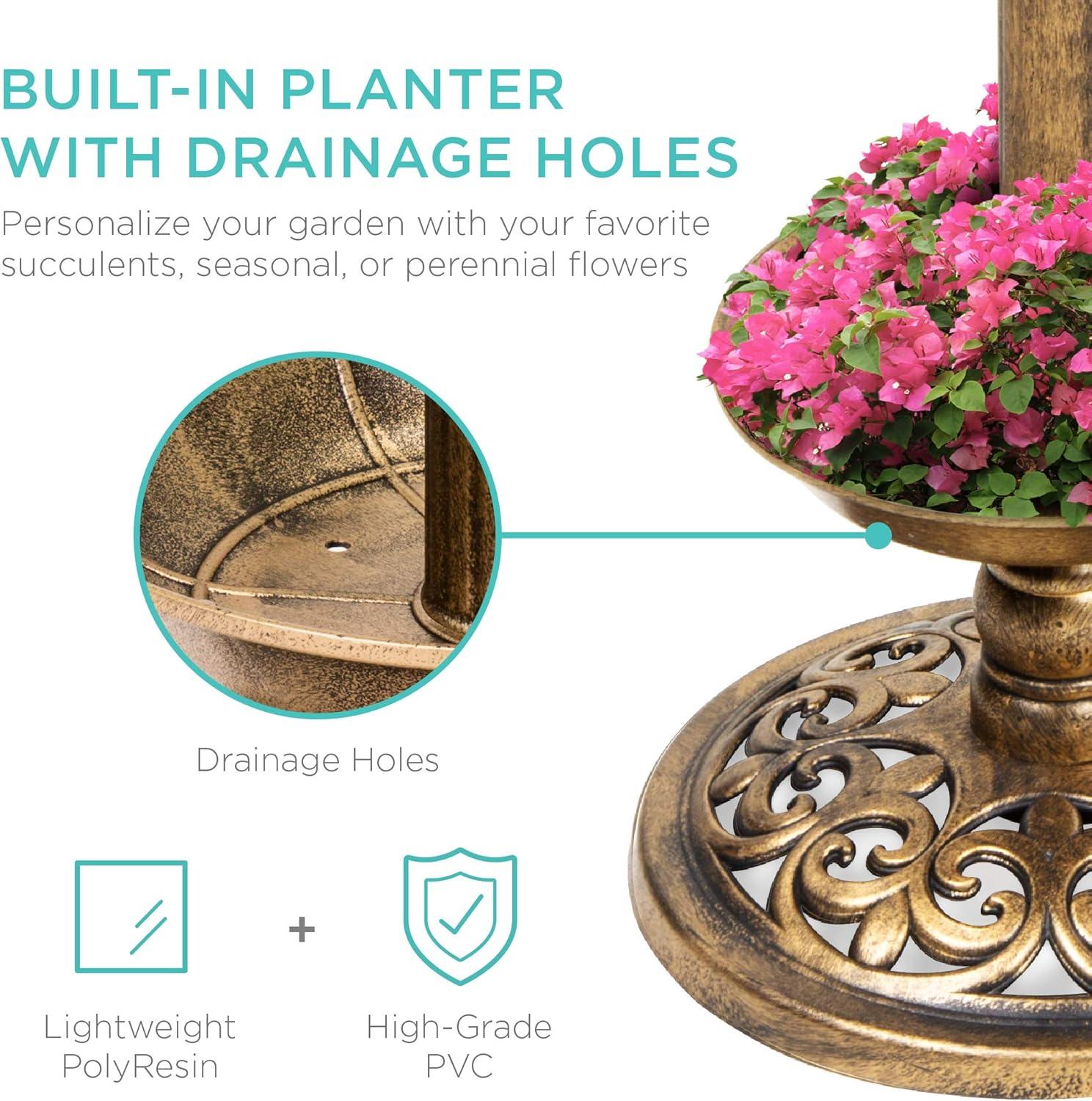 imageBest Choice Products Outdoor Solar Lighted Pedestal Bird Bath Fountain Decoration wPlanter Integrated Panel Scroll Accents for Lawn Garden  BronzeBronze