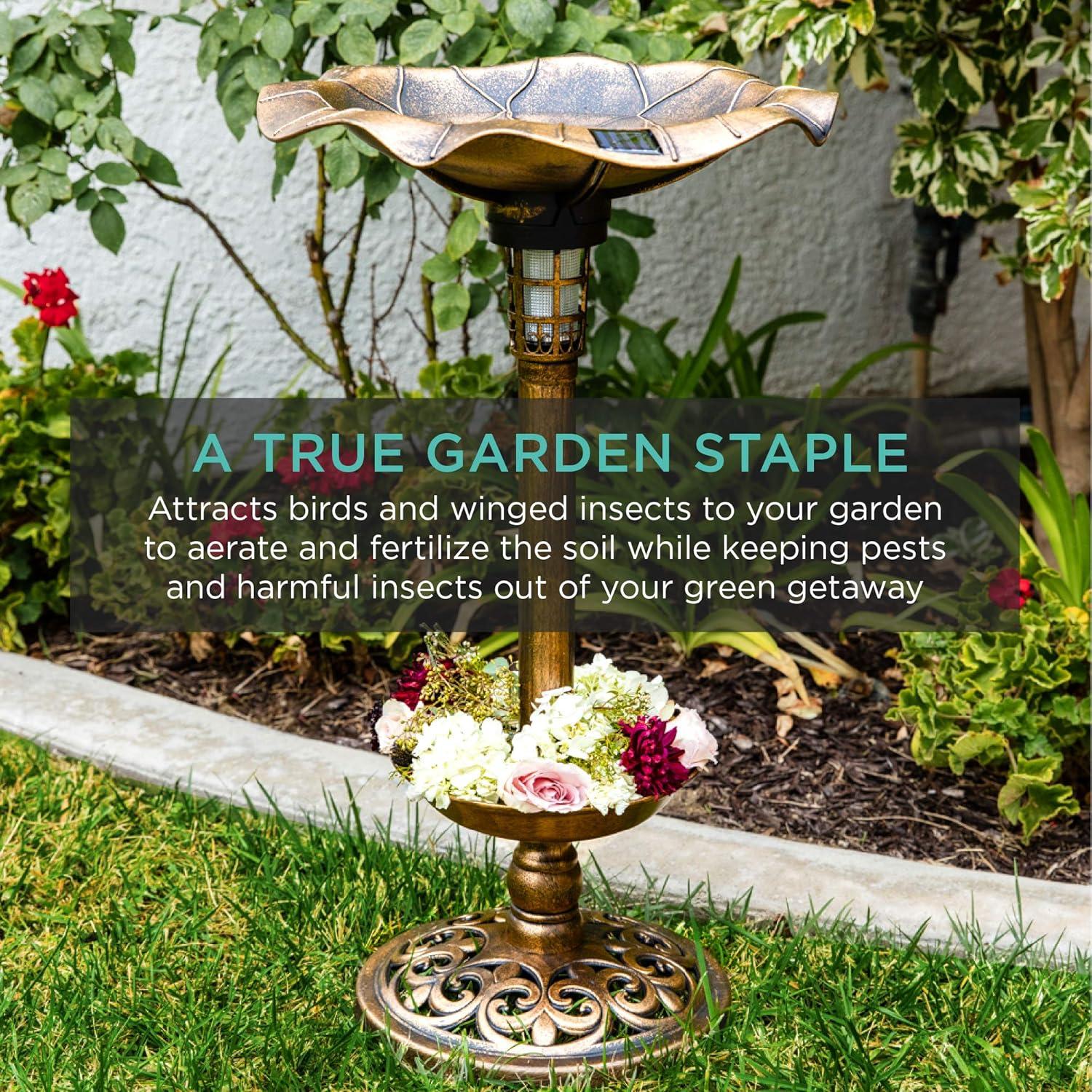 imageBest Choice Products Outdoor Solar Lighted Pedestal Bird Bath Fountain Decoration wPlanter Integrated Panel Scroll Accents for Lawn Garden  BronzeBronze