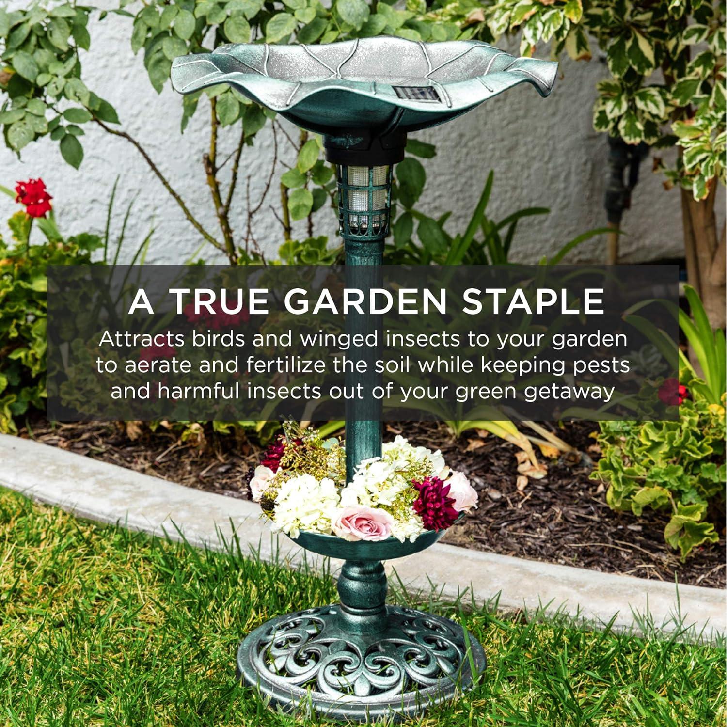 imageBest Choice Products Outdoor Solar Lighted Pedestal Bird Bath Fountain Decoration wPlanter Integrated Panel Scroll Accents for Lawn Garden  BronzeGreen