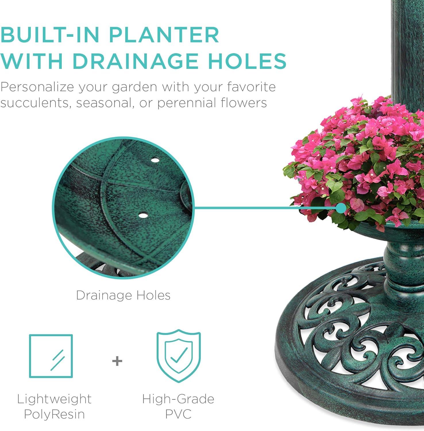 imageBest Choice Products Outdoor Solar Lighted Pedestal Bird Bath Fountain Decoration wPlanter Integrated Panel Scroll Accents for Lawn Garden  BronzeGreen