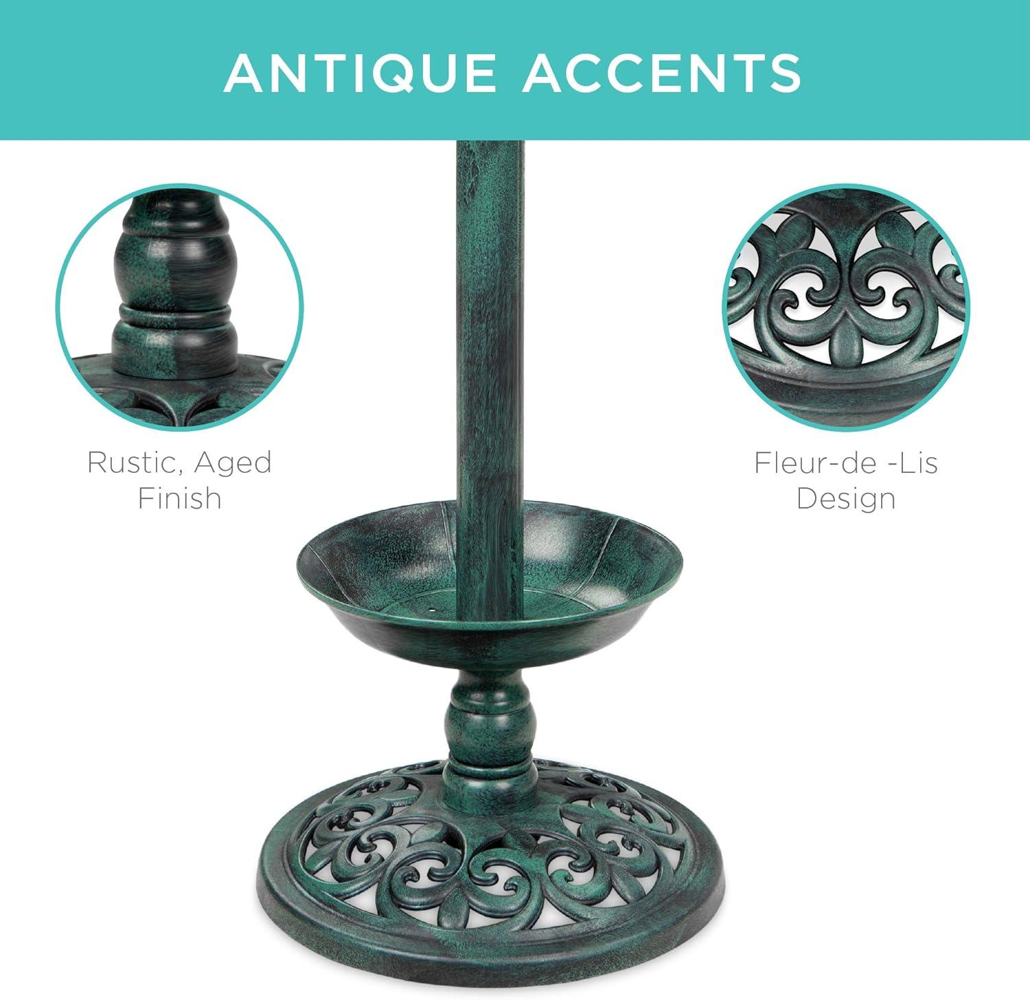 imageBest Choice Products Outdoor Solar Lighted Pedestal Bird Bath Fountain Decoration wPlanter Integrated Panel Scroll Accents for Lawn Garden  BronzeGreen