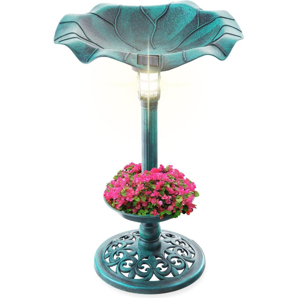 imageBest Choice Products Outdoor Solar Lighted Pedestal Bird Bath Fountain Decoration wPlanter Integrated Panel Scroll Accents for Lawn Garden  BronzeGreen