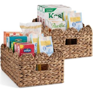 imageBest Choice Products 16x12 Scalloped Shelf Baskets Woven Storage Bins Pantry Organizer for Kitchen Living Room Bathroom Bedroom amp Laundry 2 Pack  Natural with White TrimChestnut